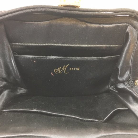 Vtg MM Morris Moskowitz Black Satin Evening Gold Rhinestone Fancy Clasp Purse - Picture 8 of 10